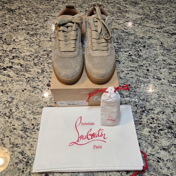 NEW Christian Louboutin Light Beige Suede Tutti Rui Sneakers Size 37.5 - Picture 2 of 12